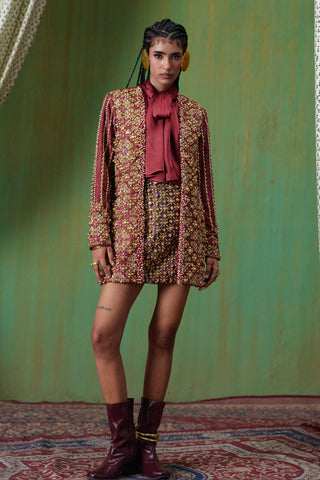 Skirt Set Tailored Wear - Maroon Rekha Blazer and Skirt Set by Payal & Zinal