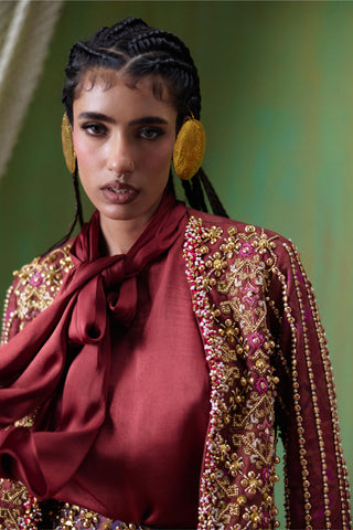 Skirt Set Tailored Wear - Maroon Rekha Blazer and Skirt Set by Payal & Zinal