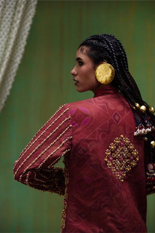 Skirt Set Tailored Wear - Maroon Rekha Blazer and Skirt Set by Payal & Zinal
