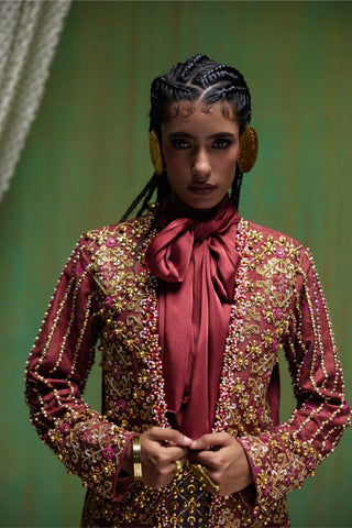 Skirt Set Tailored Wear - Maroon Rekha Blazer and Skirt Set by Payal & Zinal