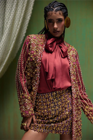 Skirt Set Tailored Wear - Maroon Rekha Blazer and Skirt Set by Payal & Zinal