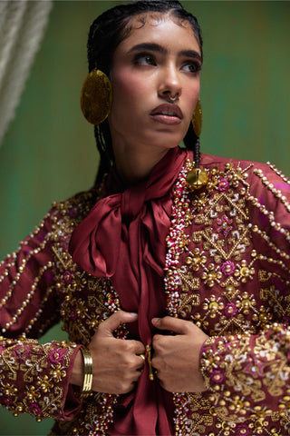 Skirt Set Tailored Wear - Maroon Rekha Blazer and Skirt Set by Payal & Zinal