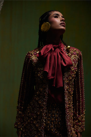 Skirt Set Tailored Wear - Maroon Rekha Blazer and Skirt Set by Payal & Zinal