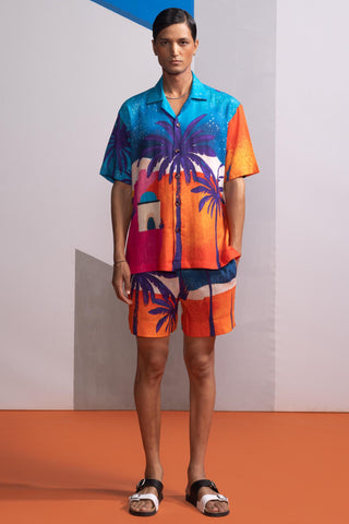 Blue moonkissed tropics postcard polo shirt