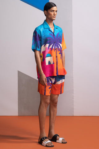 Blue moonkissed tropics postcard polo shirt