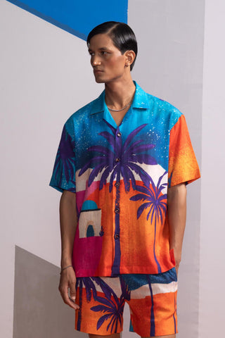 Blue moonkissed tropics postcard polo shirt