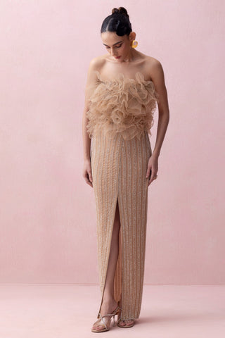 Peach reverie-festive skirt with ruffle poof blouse