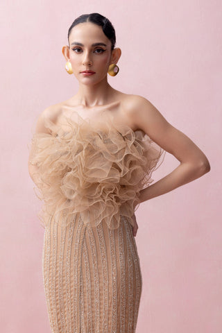 Peach reverie-festive skirt with ruffle poof blouse