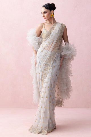 Blue reverie-festive sari with blouse and ruffled stole