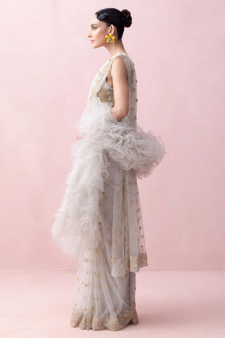 Blue reverie-festive sari with blouse and ruffled stole