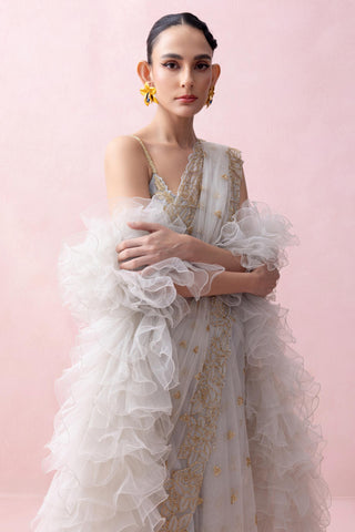 Blue reverie-festive sari with blouse and ruffled stole