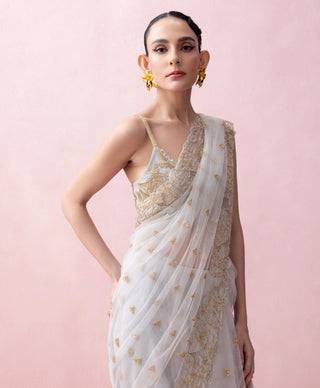 Blue reverie-festive sari with blouse and ruffled stole