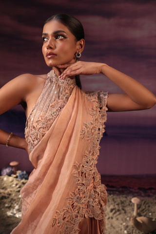Peach satin cutwork draped saree set