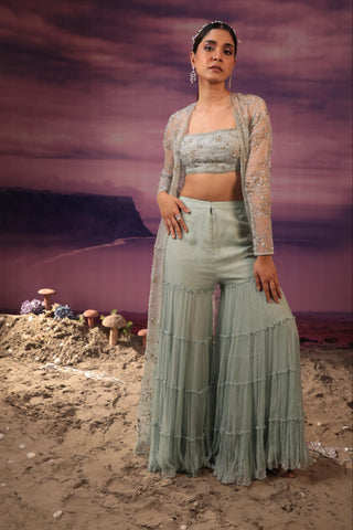 Powder blue cape sharara set