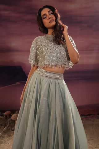 Powder blue moti embroidered cape set