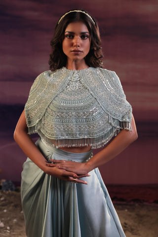 Powder blue embroidered cape set
