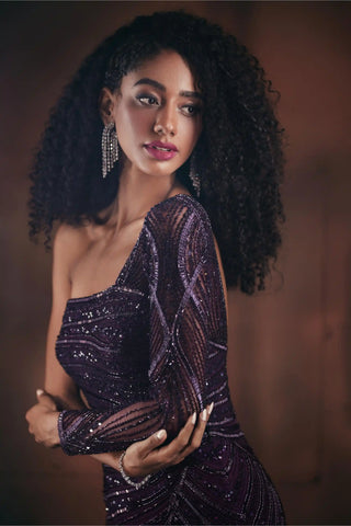 Purple one-shoulder embroidered gown - Bhawna Rao | Mrs. G XL / Purple / women Purple one-shoulder embroidered gown - Bhawna Rao | Mrs. G XL / Purple / women