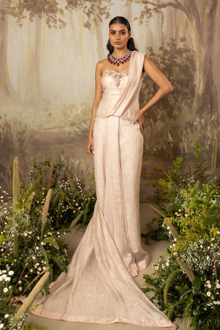 Beige Draped Saree Indian Wedding Draped Saree by Aashima Behl