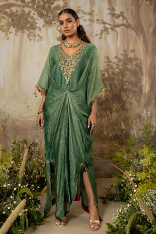 Green Kaftan Traditional Wear Embroidered Kaftan by Aashima Behl