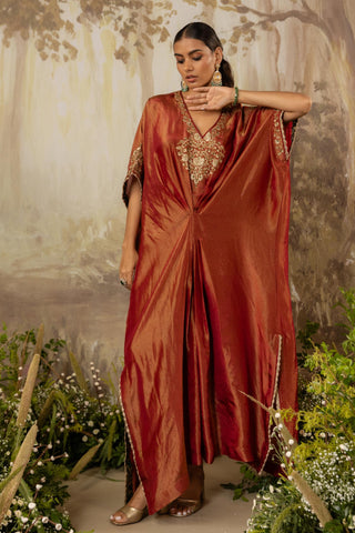 Orange Kaftan Traditional Wear Embroidered Kaftan by Aashima Behl