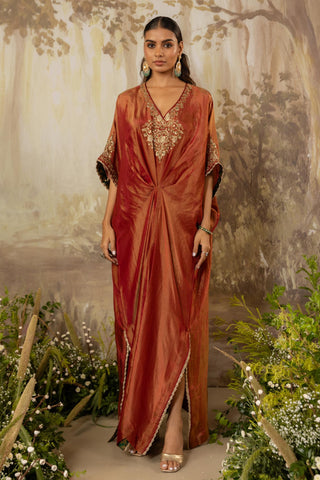 Orange Kaftan Traditional Wear Embroidered Kaftan by Aashima Behl