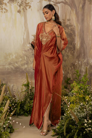 Orange Kaftan Traditional Wear Embroidered Kaftan by Aashima Behl