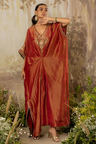 Orange Kaftan Traditional Wear Embroidered Kaftan by Aashima Behl