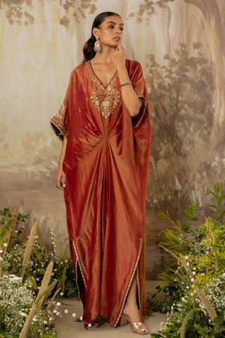Orange Kaftan Traditional Wear Embroidered Kaftan by Aashima Behl