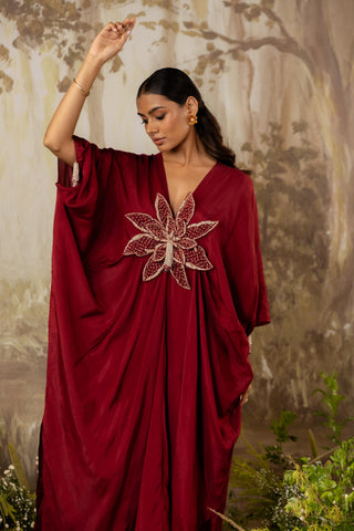 Red Kaftan Traditional Wear Floral Kaftan by Aashima Behl