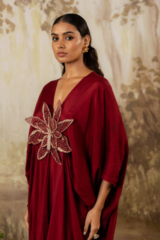 Red Kaftan Traditional Wear Floral Kaftan by Aashima Behl