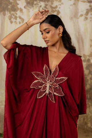 Red Kaftan Traditional Wear Floral Kaftan by Aashima Behl