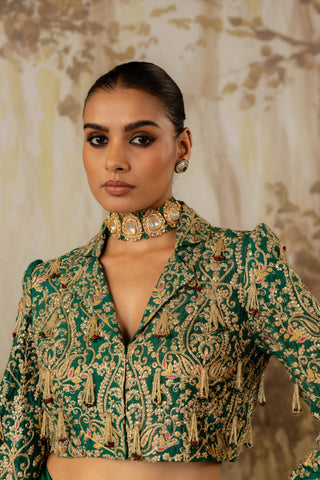 Crop Jacket Set Indian Wedding Green Tasseled by Aashima Behl