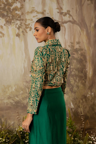 Crop Jacket Set Indian Wedding Green Tasseled by Aashima Behl