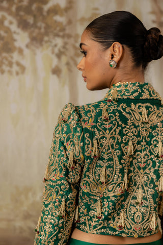 Crop Jacket Set Indian Wedding Green Tasseled by Aashima Behl