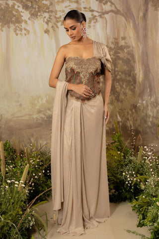 Gold Draped Saree Indian Wedding Draped Saree Set by Aashima Behl