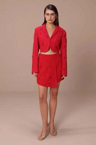 Red floral embroidered cropped co-ord set