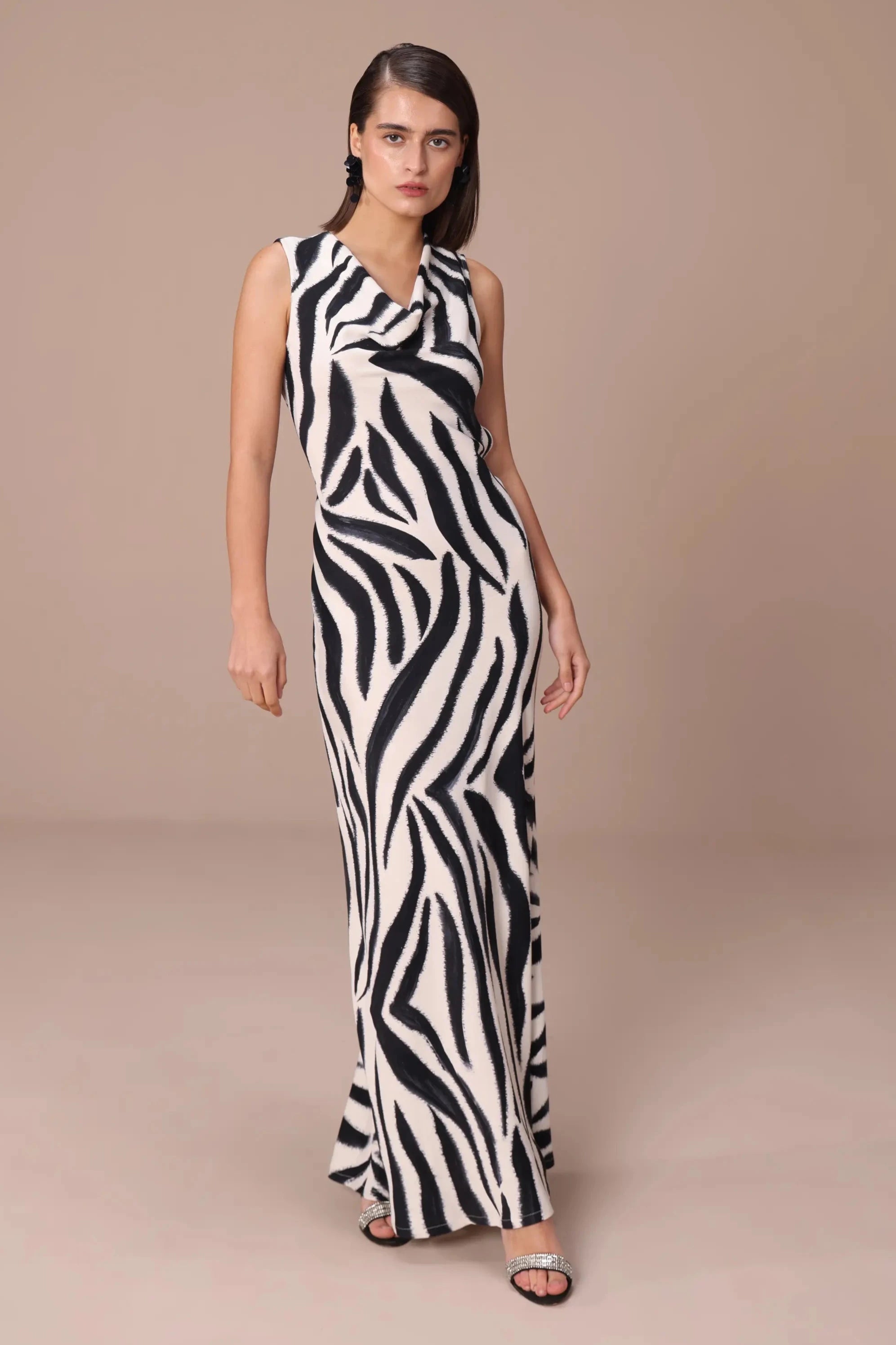 Zebra Stripe Draped Cowl Dress - Essgee | Mrs. G M / Black / Women Zebra Stripe Draped Cowl Dress - Essgee | Mrs. G M / Black / Women