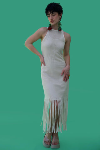 White bonnes vacances chella fringe dress