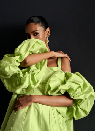 Green short reim dress with piping detail