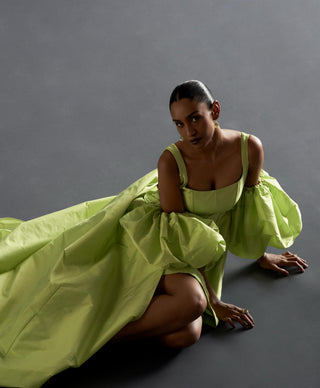 Green short reim dress with piping detail