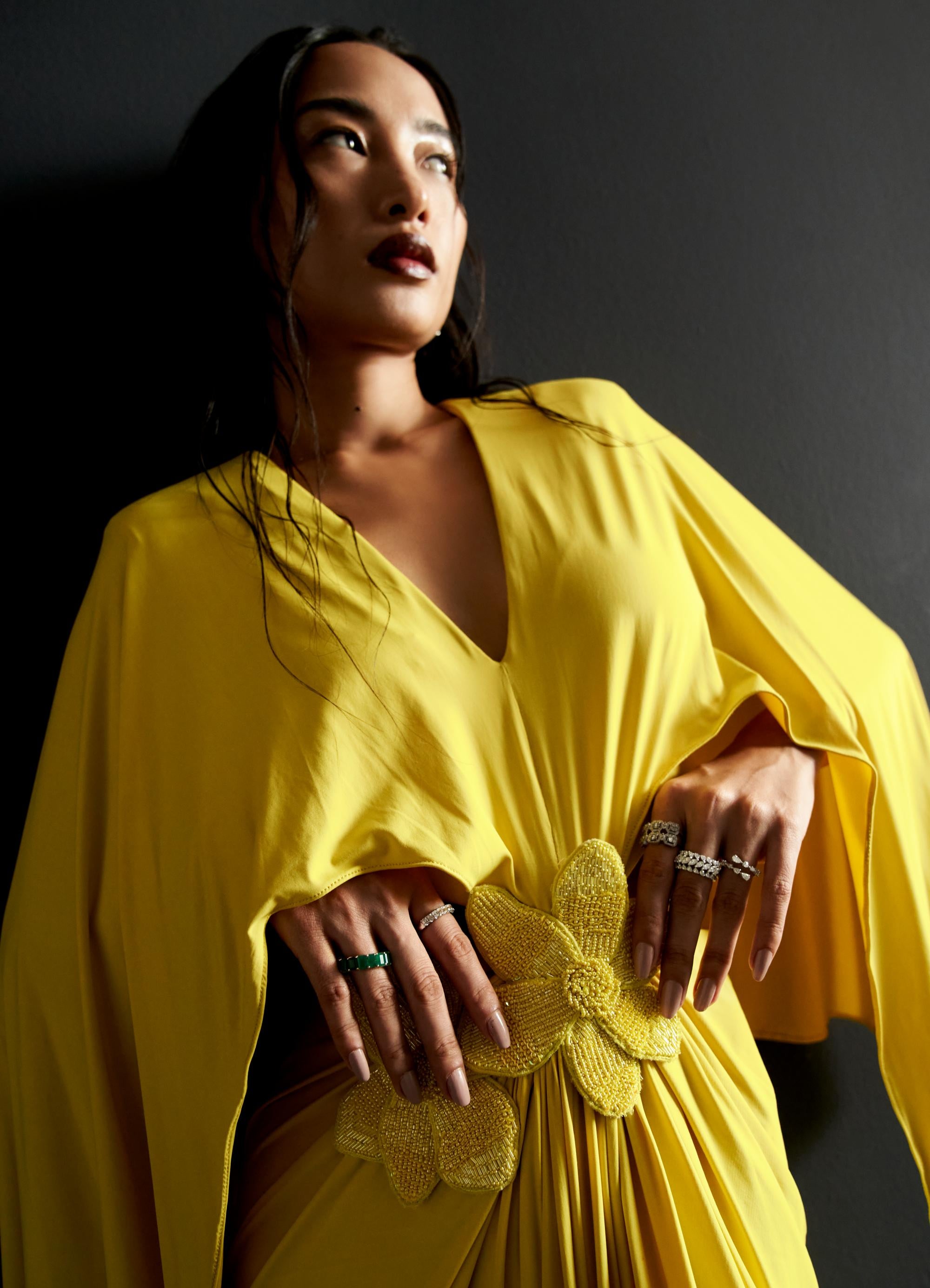 Yellow batwing sleeve cutout reim gown - Manika Nanda | Mrs. G 5XL / Yellow / Women Yellow batwing sleeve cutout reim gown - Manika Nanda | Mrs. G 5XL / Yellow / Women
