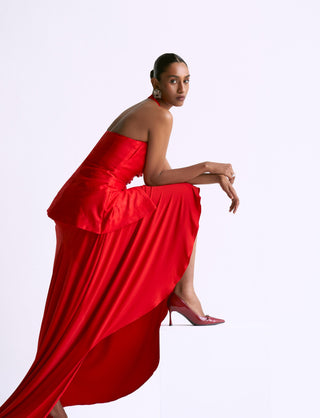 Orange halter jacket with draped reim skirt