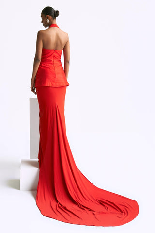 Orange halter jacket with draped reim skirt