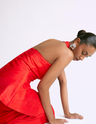 Orange halter jacket with draped reim skirt