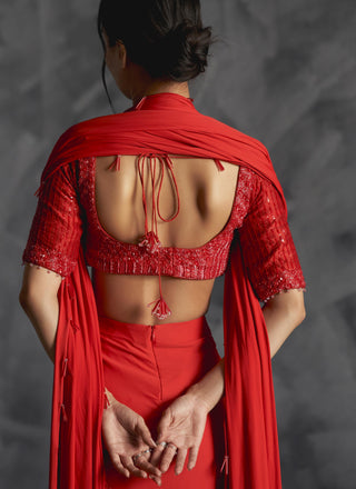 Orange pleated draped reim skirt with embellished elbow sleeve blouse