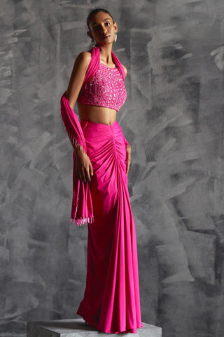 Pink fitted reim skirt with embellished blouse and dupatta