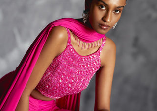 Pink fitted reim skirt with embellished blouse and dupatta
