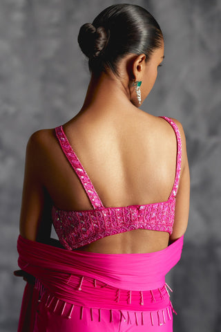 Pink fitted reim skirt with embellished blouse and dupatta