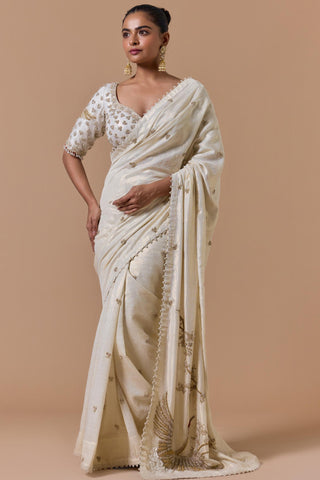Lurex saree for Indian Wedding – Cream Gold Navyaa by Nitika Gujral