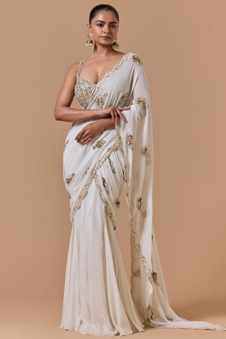 Shimmer draped saree for Indian Wedding – Cream Navyaa by Nitika Gujral